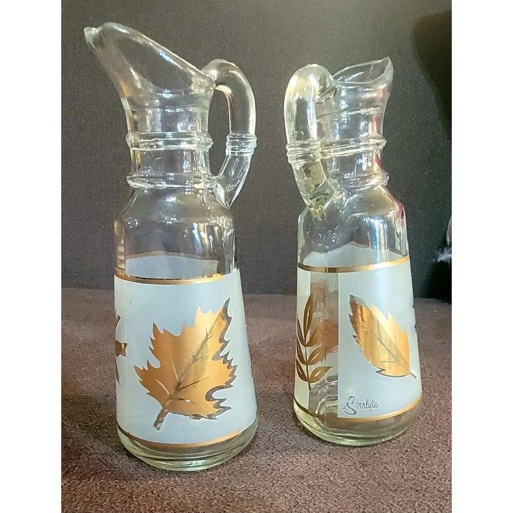 VTG Mid-Centry Frosted Cruet Oil Vinegar Set Gold Leaves Anchor Hocking Starlyte